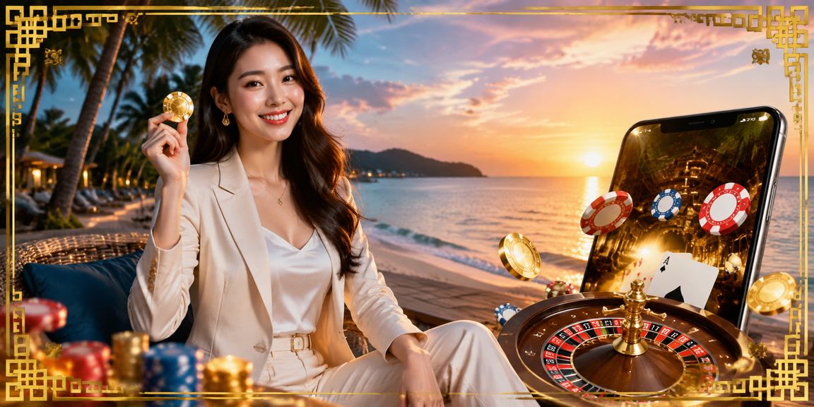 Người dùng trải nghiệm casino di động trên bãi biển Phú Quốc qua ứng dụng điện thoại